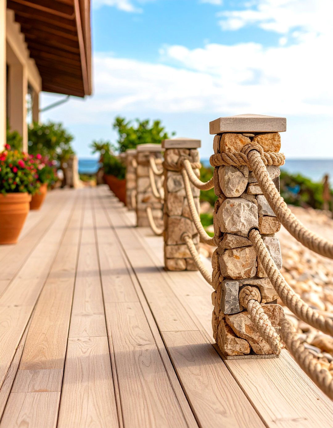 Stone and Rope Deck Railing - 20 Deck Railing Ideas
