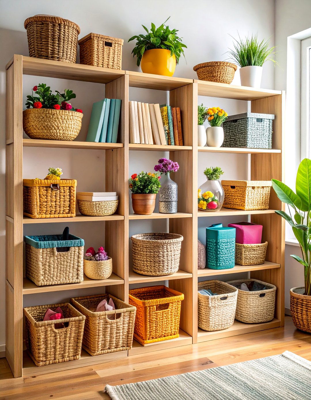 Storage Baskets for Hidden Organization - 20 Bookshelf Decor Ideas