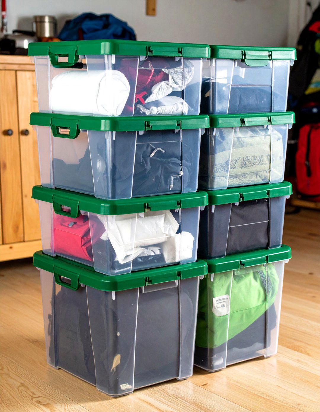 Store Seasonal Gear in Clear Stackable Bins - 20 Garage Storage Ideas