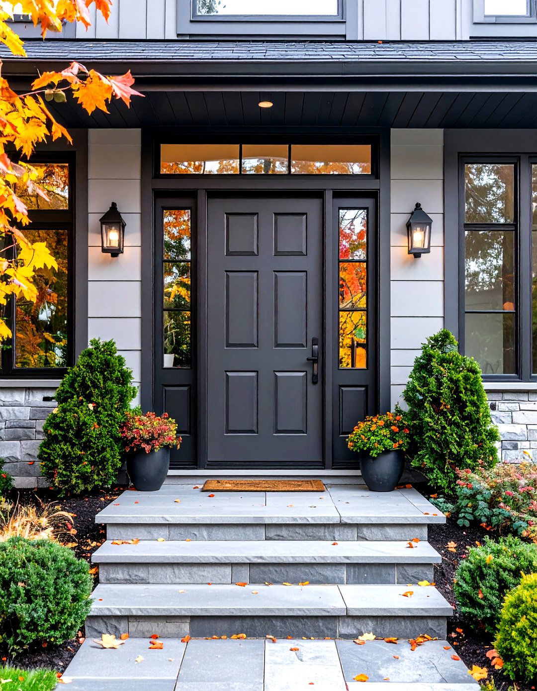 Storm Grey Front Door Framed by Black Sidelights - 20 Grey Front Door Ideas