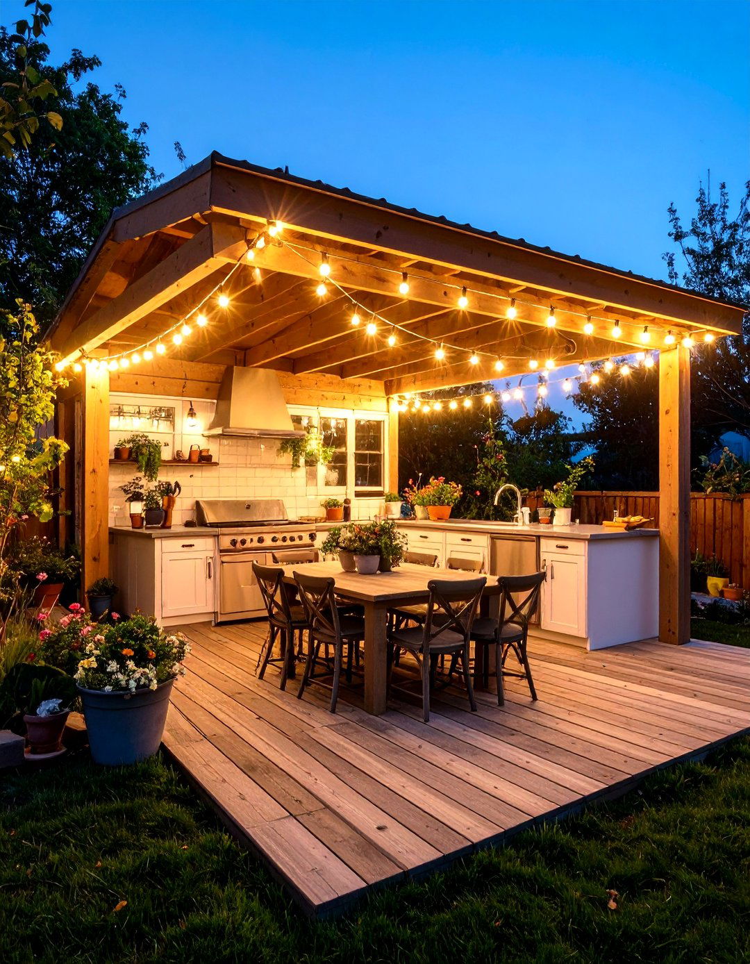 String Light Ambiance Outdoor Kitchen with a Gazebo - 20 Outdoor Kitchen with a Gazebo Ideas