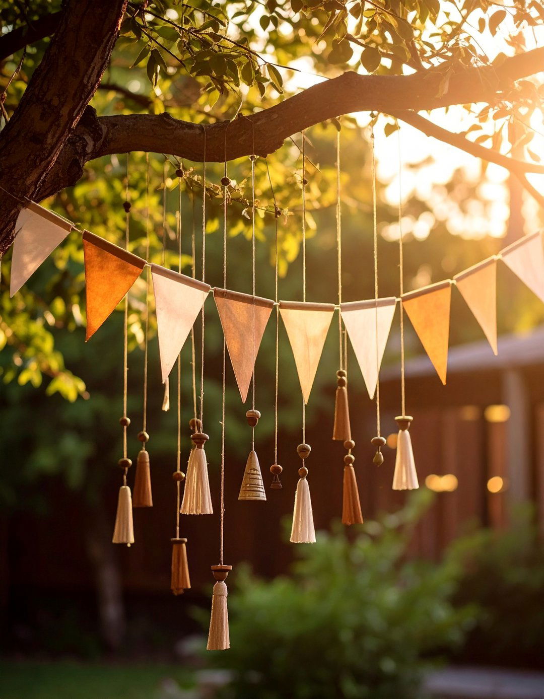 String Pennant Flags and Hang Wind Chimes - 20 Boho Garden Ideas