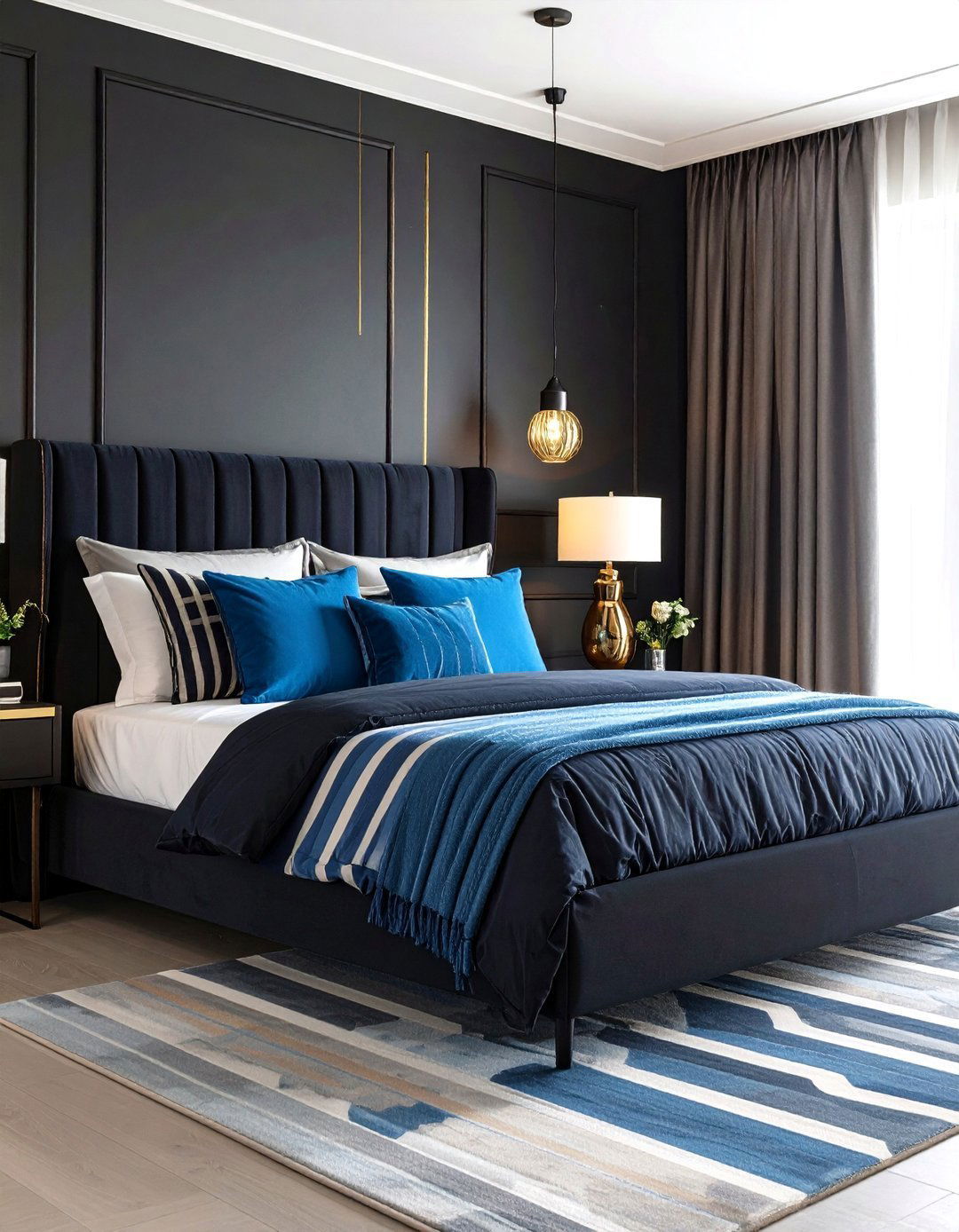 Stripe and Abstract Patterns in Black and Blue Bedrooms - 20 Black and Blue Bedroom Ideas