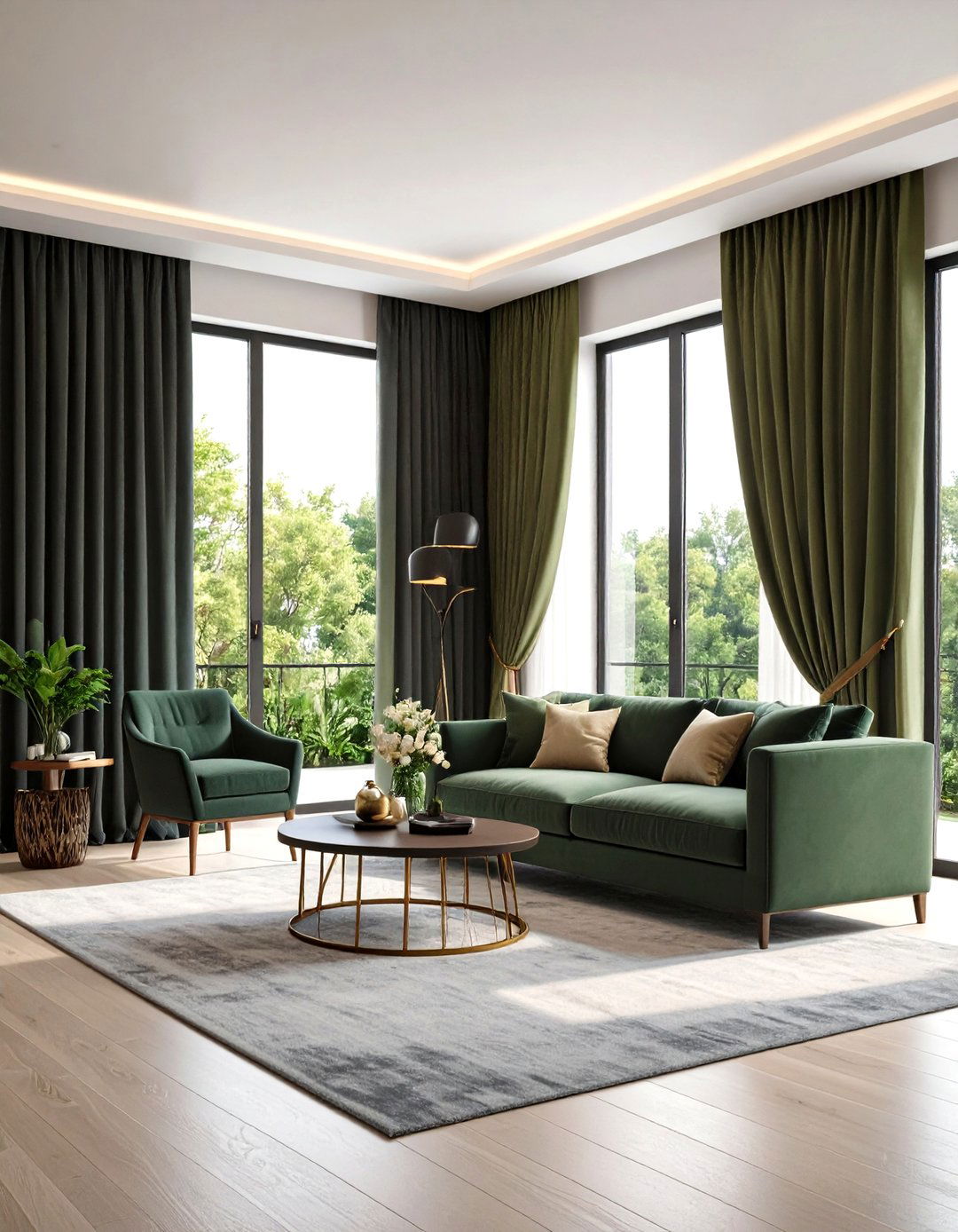 Stripe or Check Curtains Bridging the Palette - 20 Green and Grey Living Room Ideas