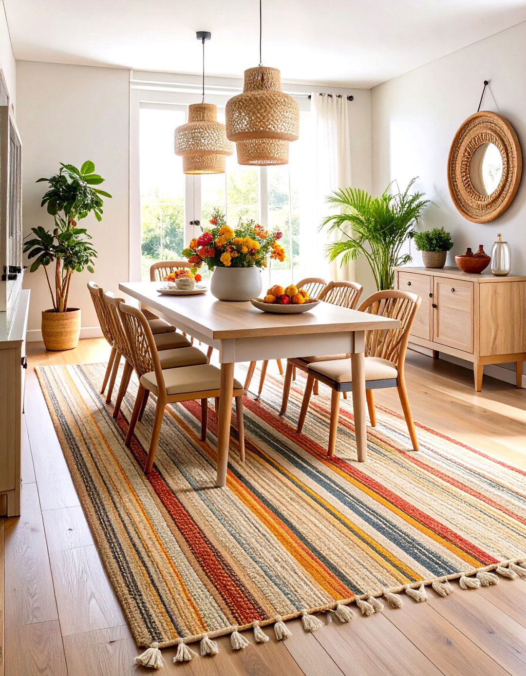 Striped Flatweave Dining Room Rug Lengthens the Space - 20 Dining Room Rug Ideas