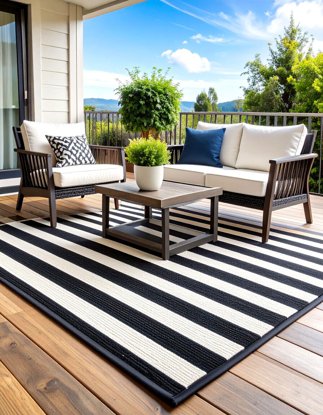 Striped Outdoor Rug for Instant Monochrome Drama - 20 Black and White Patio Ideas