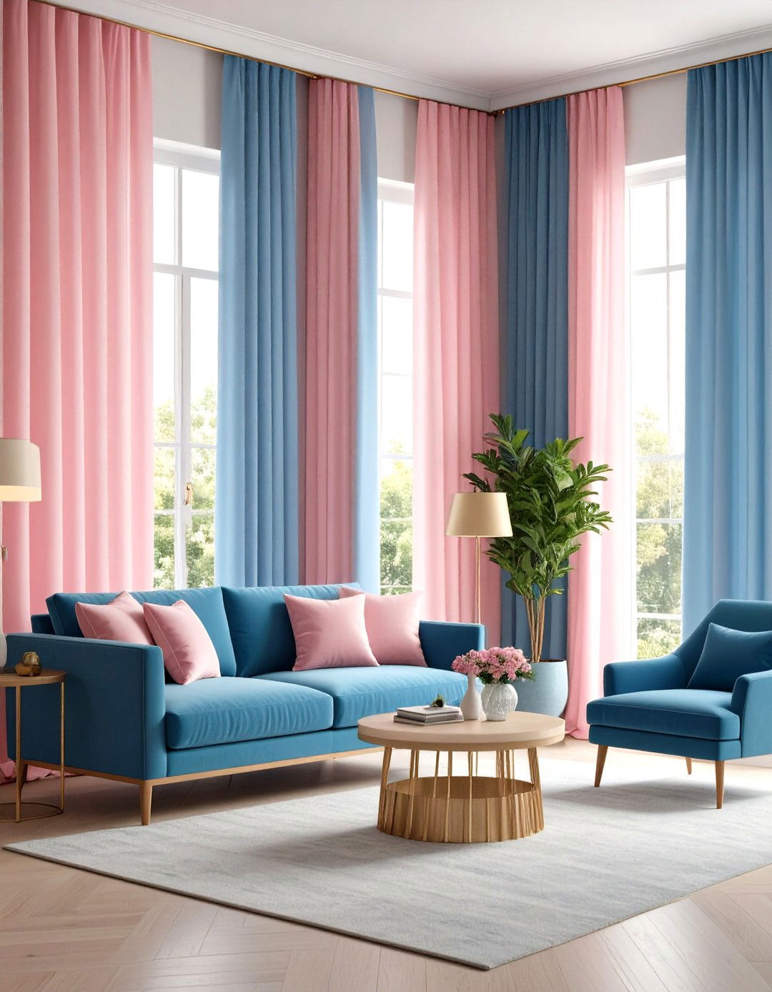 Striped Pink and Blue Curtains - 20 Pink and Blue Living Room Ideas
