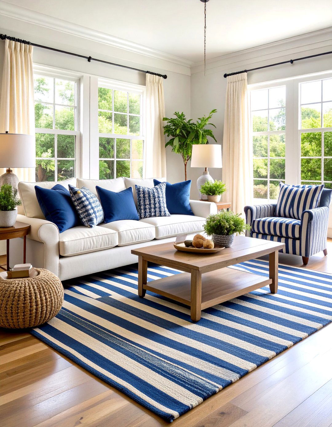 Stripes and Solids Mix in the Hamptons Living Room - 20 Hamptons Living Room Ideas