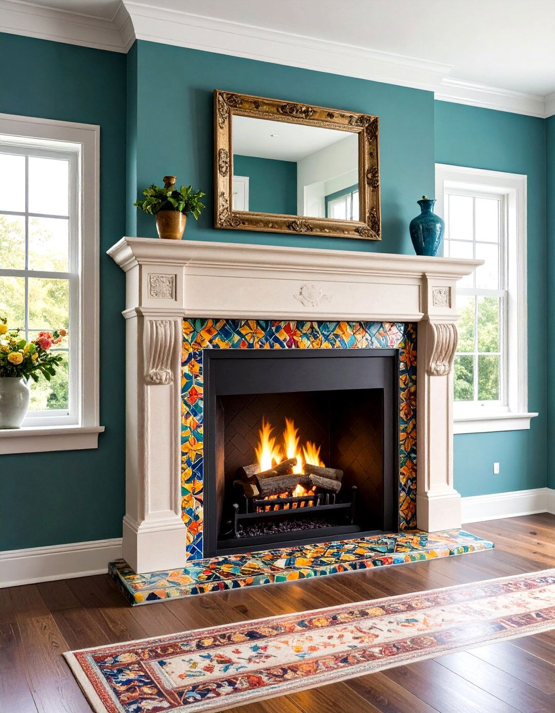 Stucco Fireplace with Tile Accents - 20 Stucco Fireplace Ideas