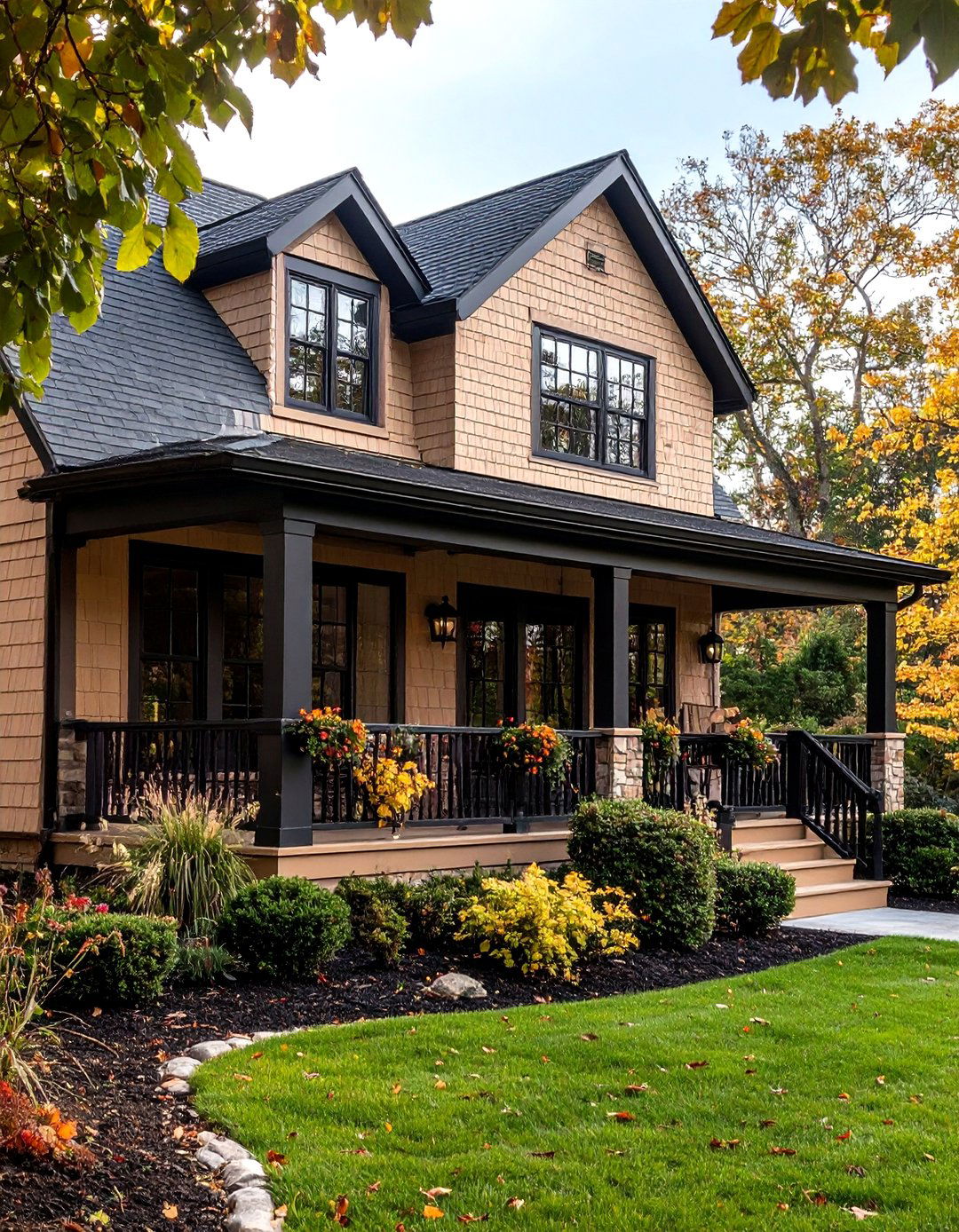 Stucco Tan with Slim Black Trim Accents - 20 Tan House With Black Trim Design Ideas