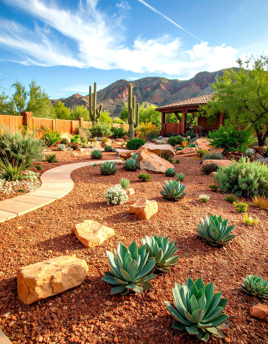 Succulent Rock Garden Set in Warm Mulch - 20 Front Yard Landscaping Ideas With Rocks and Mulch