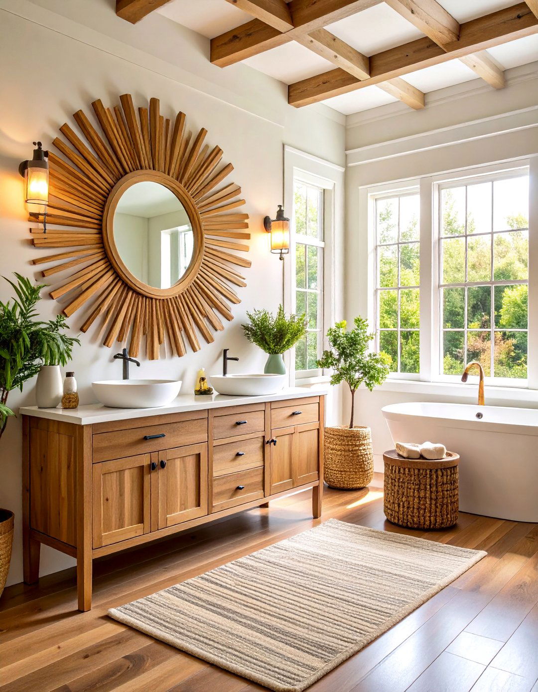 Sunburst Farmhouse Bathroom Mirrors with Natural Elements - 20 Farmhouse Bathroom Mirrors Ideas