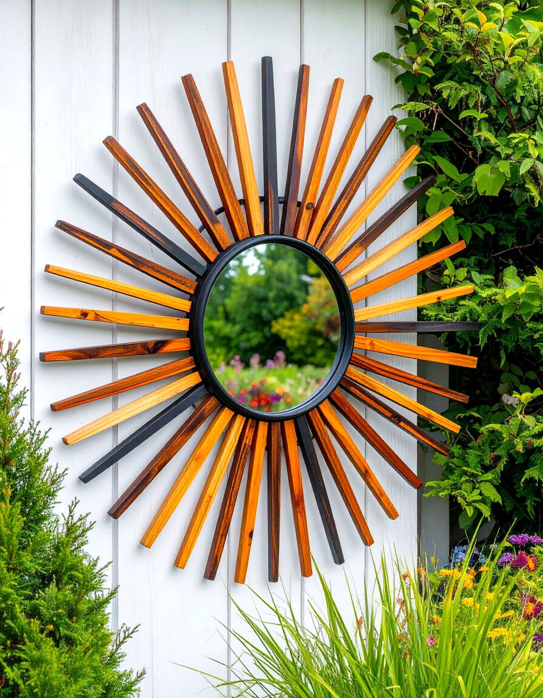 Sunburst Garden Mirror Radiates Focal Energy - 20 Garden Mirror Ideas