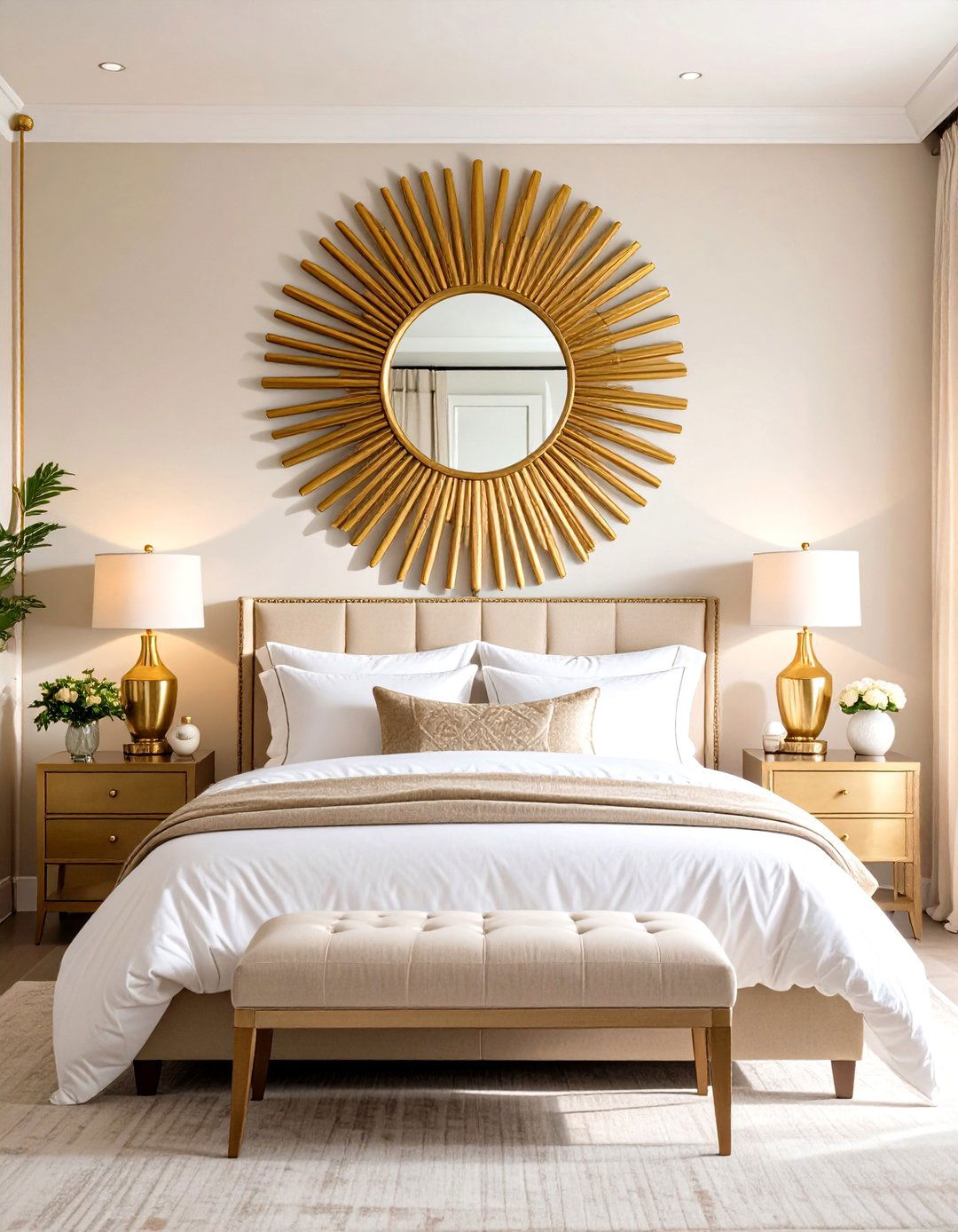 Sunburst Mirror Focus in a Gold Bedroom - 20 Gold Bedroom Ideas