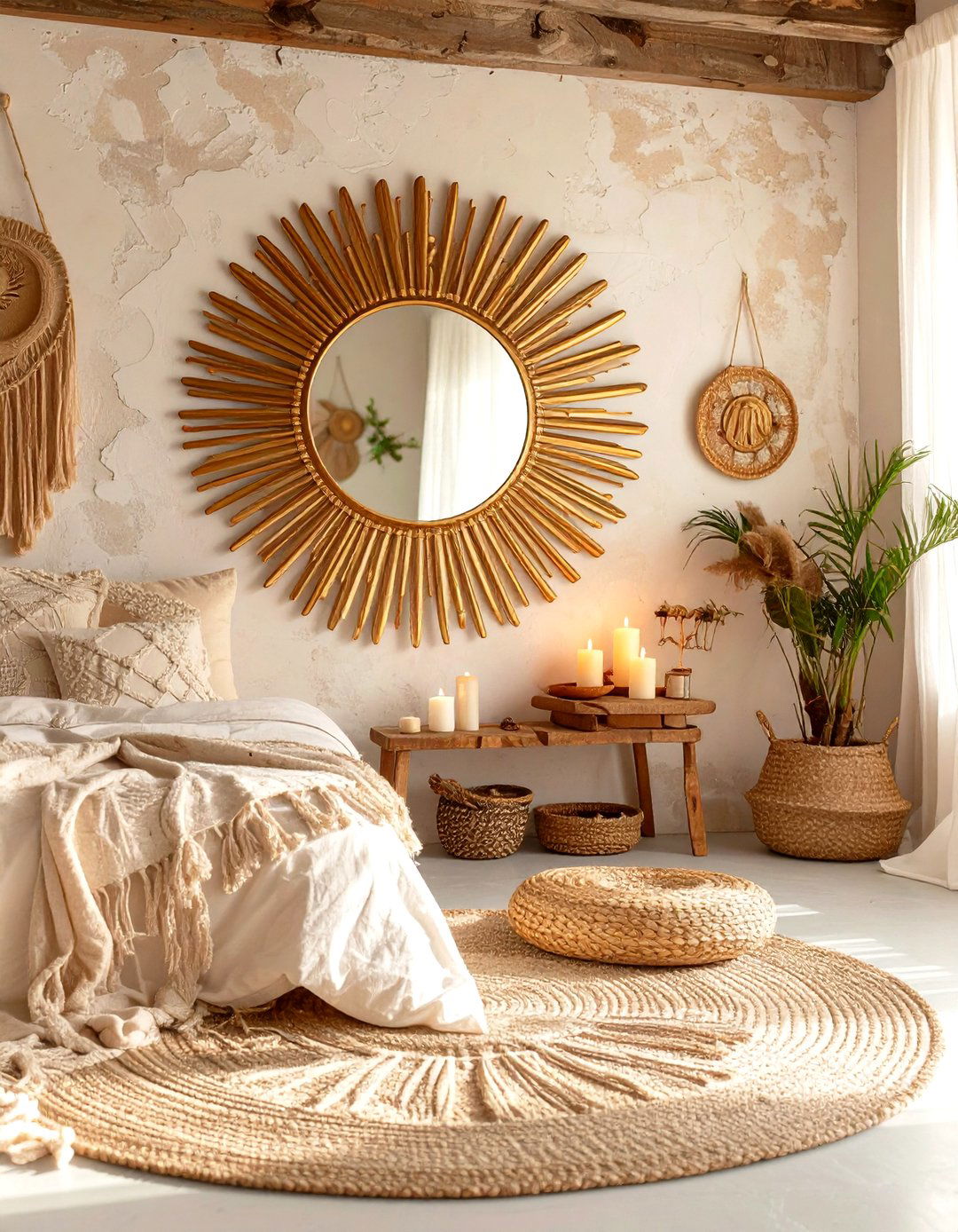 Sunburst Mirror to Reflect Mood Lighting - 20 Hippie Bedroom Ideas