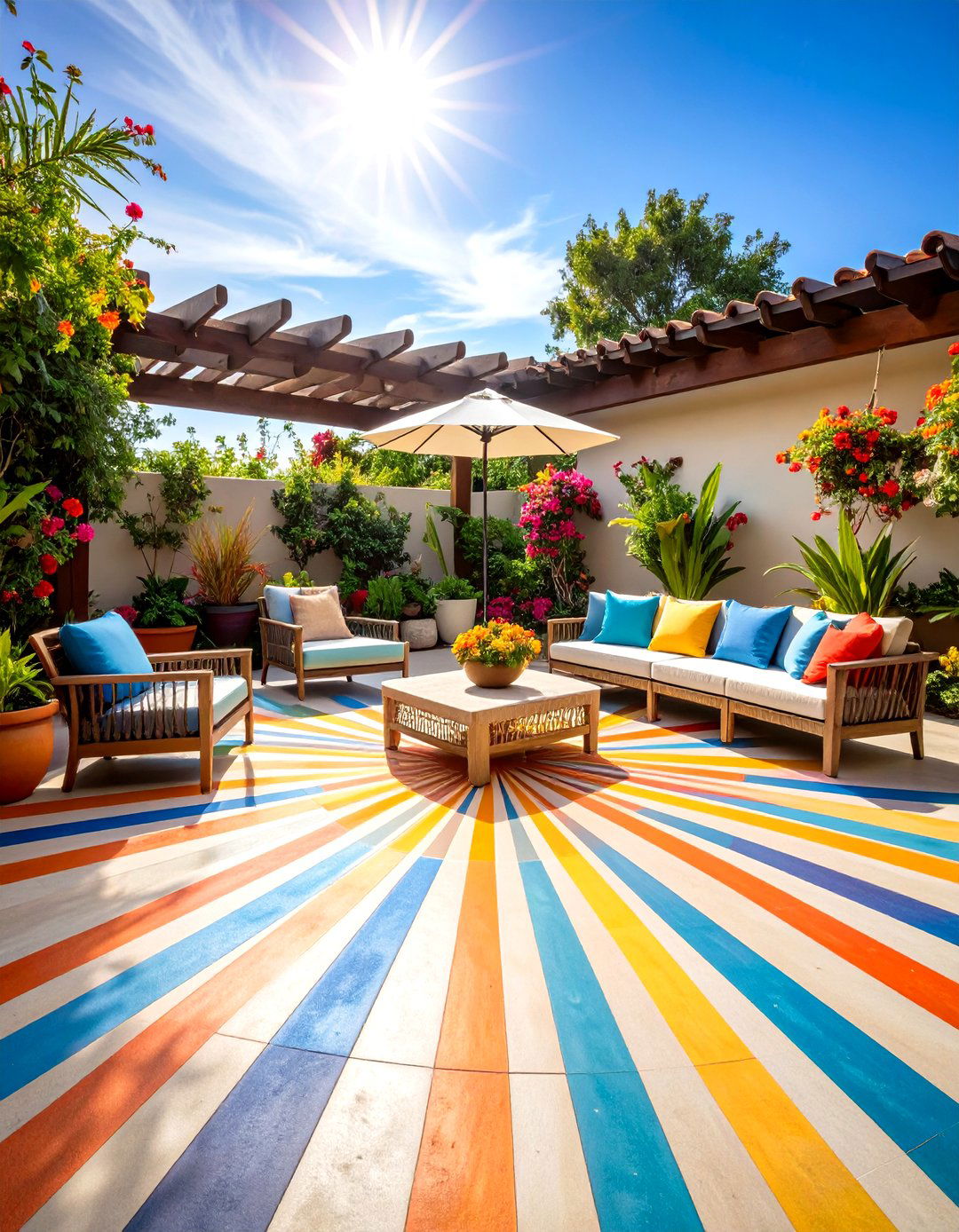 Sunburst Radial Painted Concrete Patio - 20 Painted Concrete Patio Ideas