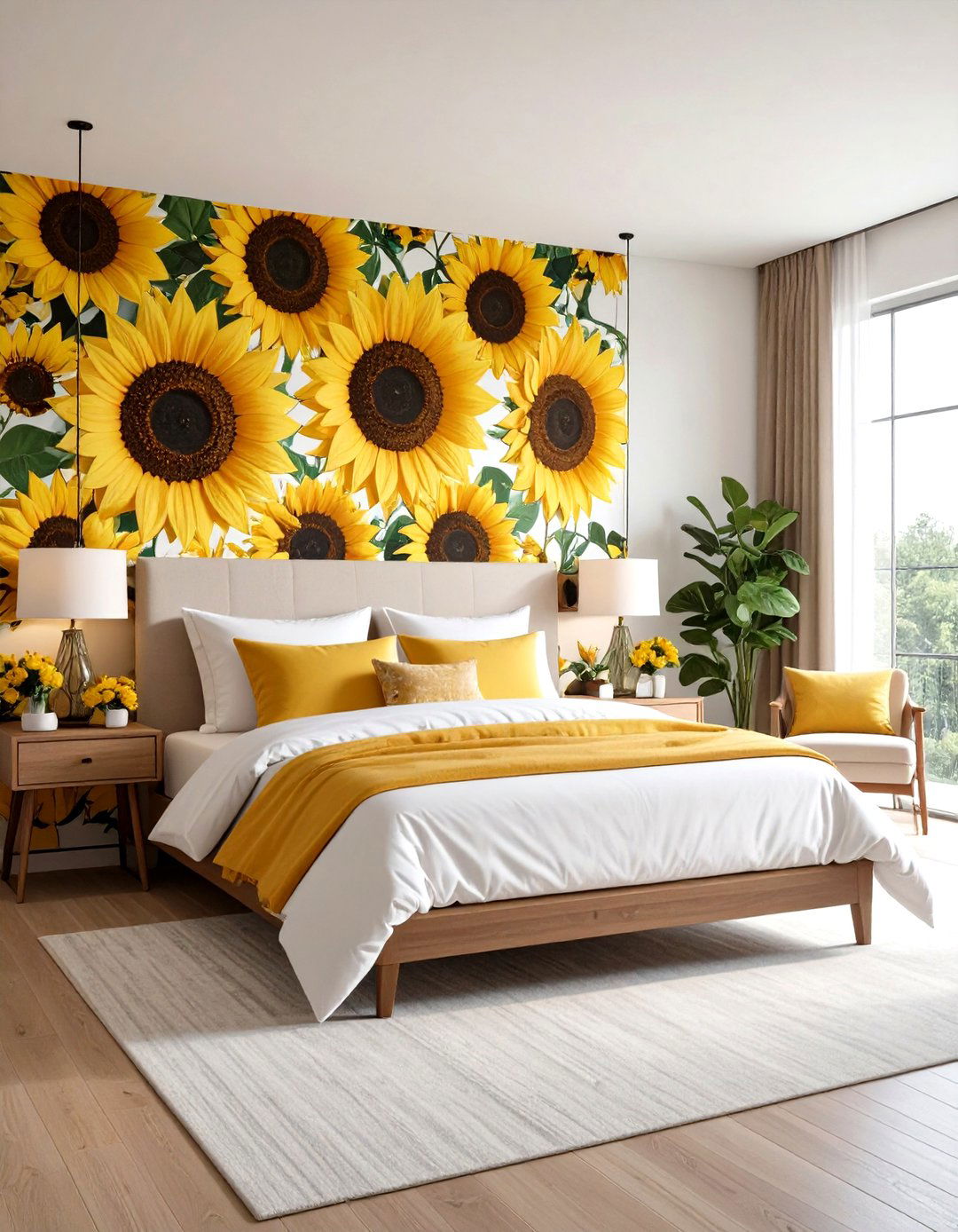 Sunflower Print Fabric Wall - 20 Sunflower Bedroom Ideas