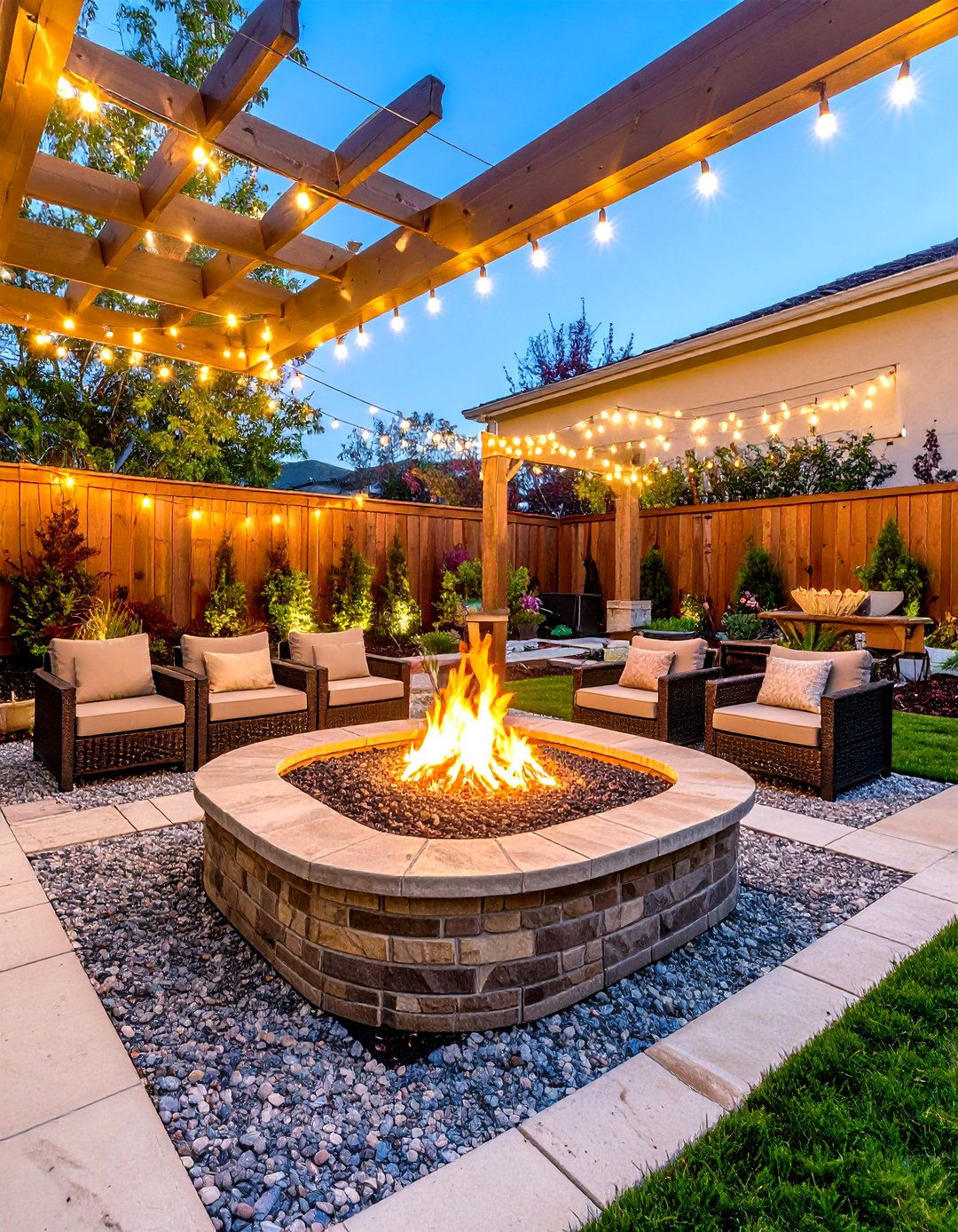 Sunken Fire Pit under Overhead String Lights - 20 Sunken Fire Pit Ideas