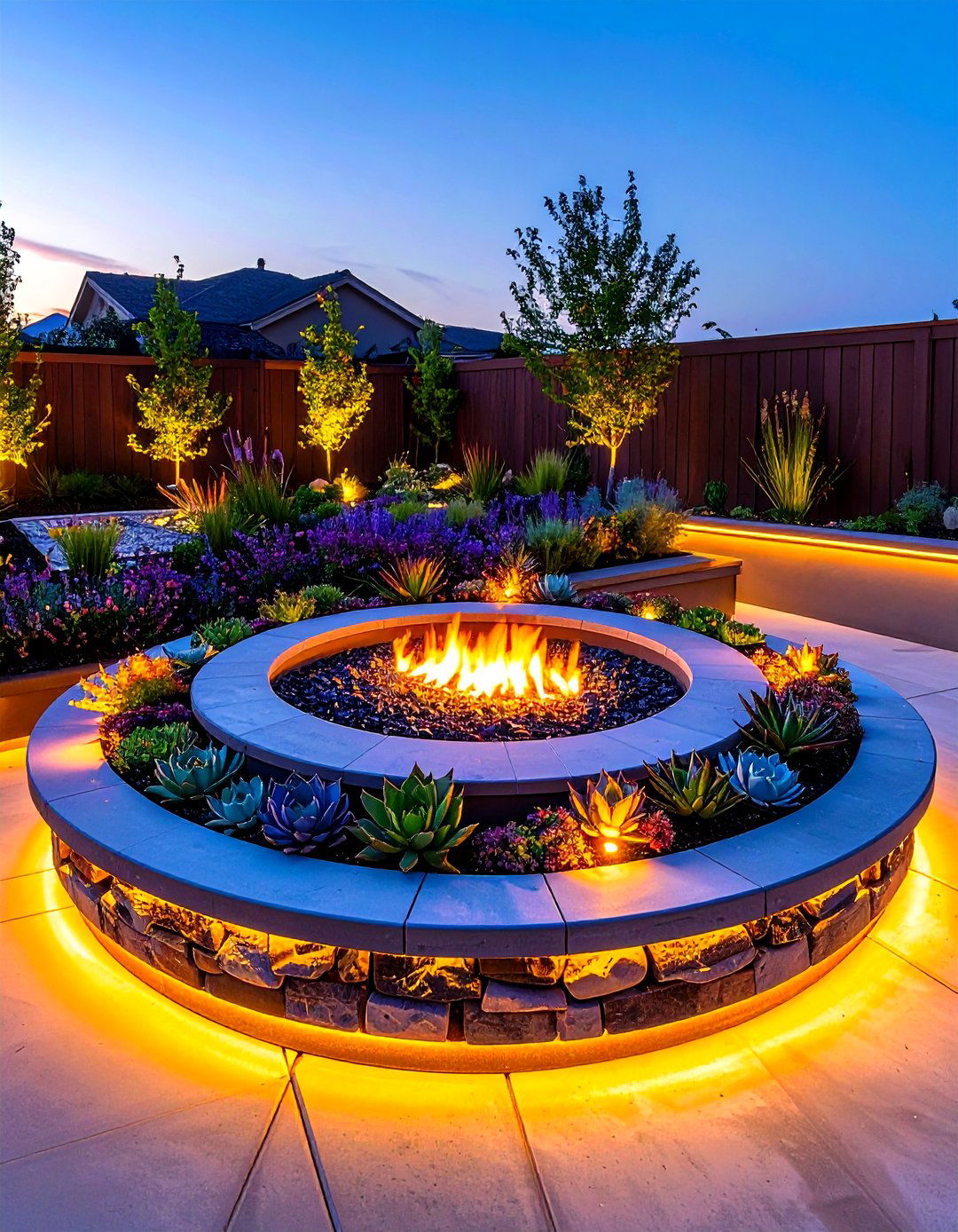 Sunken Fire Pit with Succulent Lined Edges - 20 Sunken Fire Pit Ideas