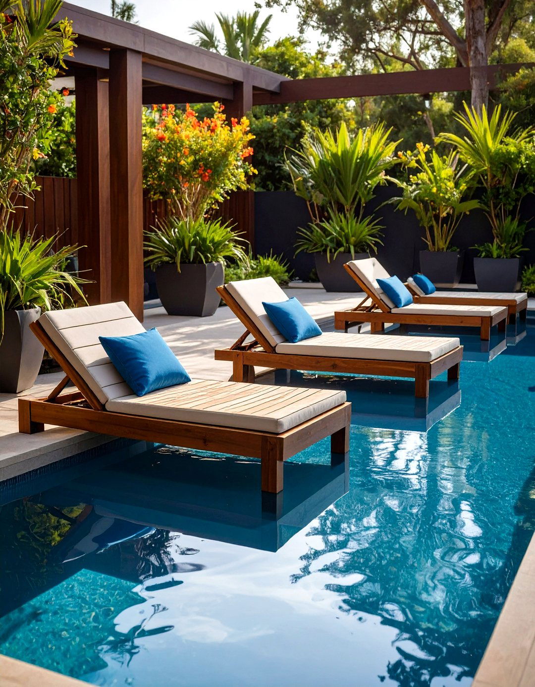 Sunken Loungers and Integrated Seating - 20 Tropical Pool Landscaping Ideas