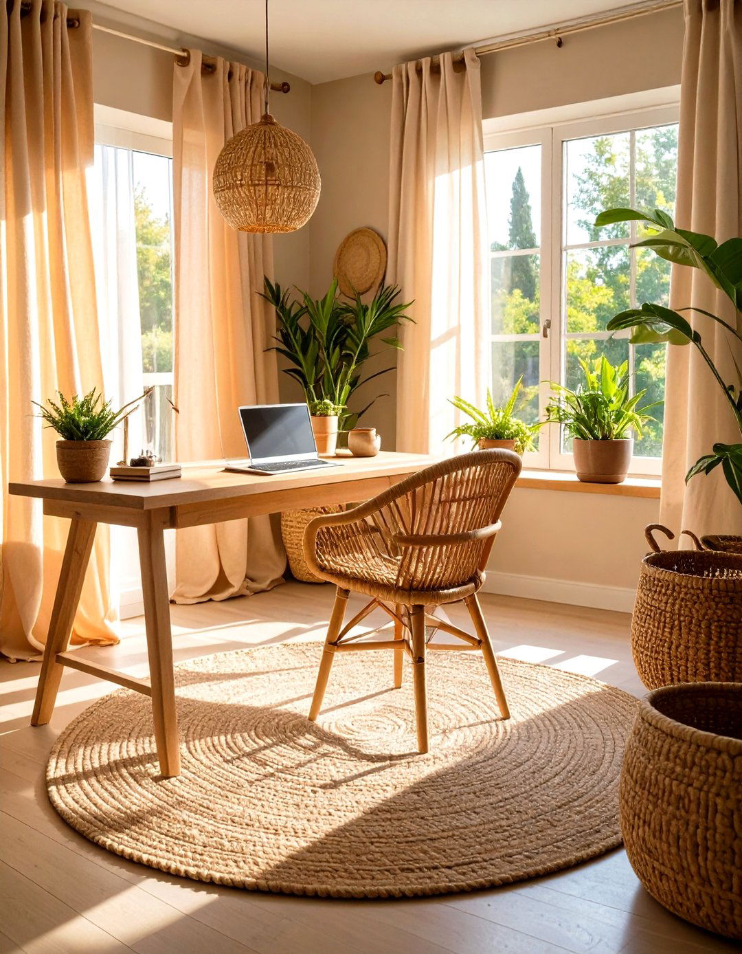 Sunlit Bohemian Home Office with Natural Textures - 20 Bohemian Home Office Ideas