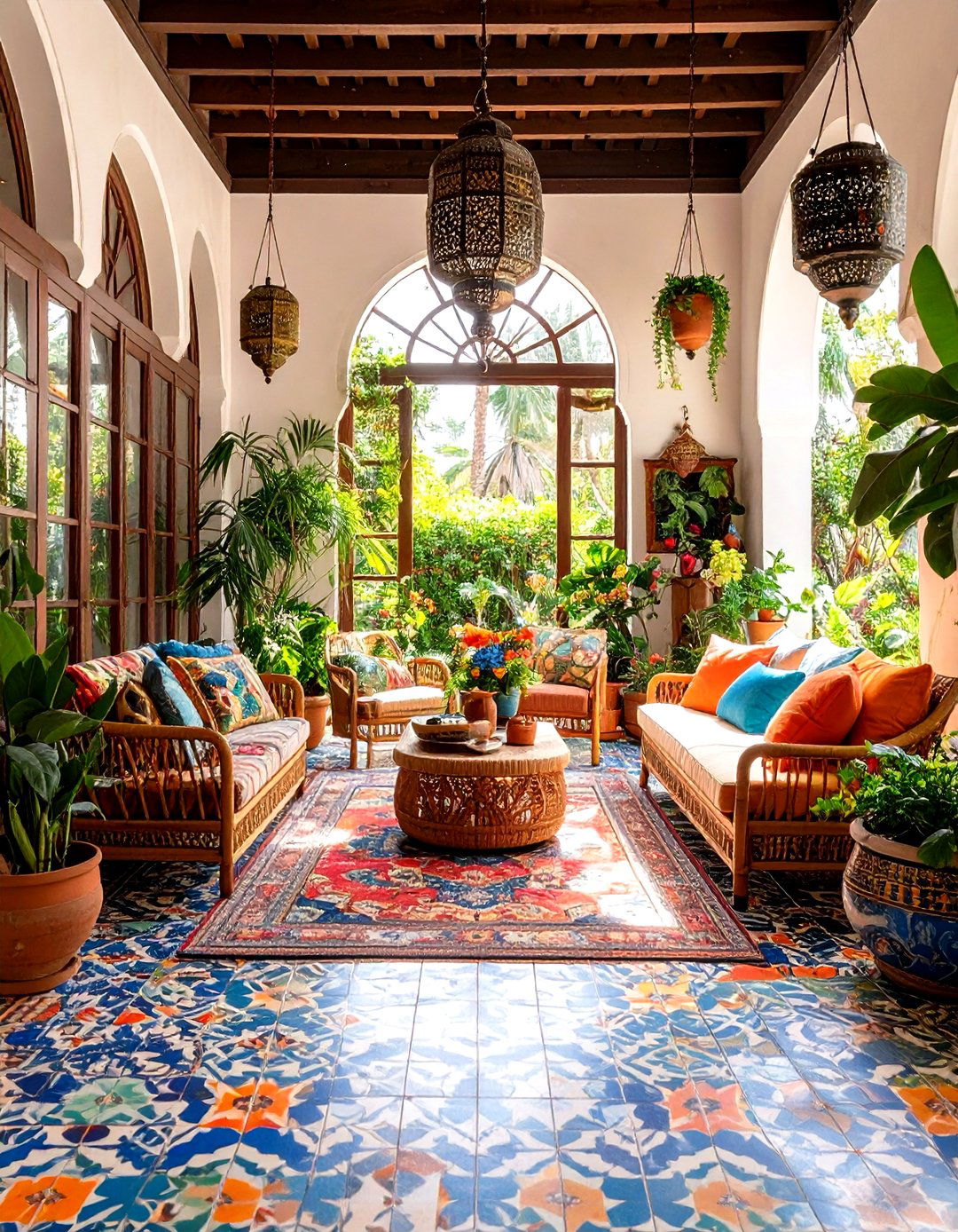 Sunroom Tile Floor with Bold Pattern Mix Statement - 20 Sunroom Tile Floor Ideas