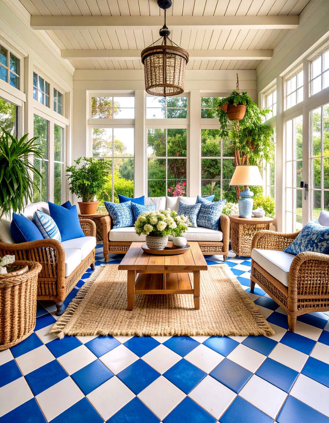 Sunroom Tile Floor with Coastal Blue and White Theme - 20 Sunroom Tile Floor Ideas