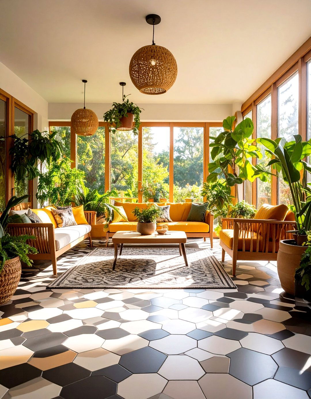 Sunroom Tile Floor with Geometric Mosaic Statement - 20 Sunroom Tile Floor Ideas