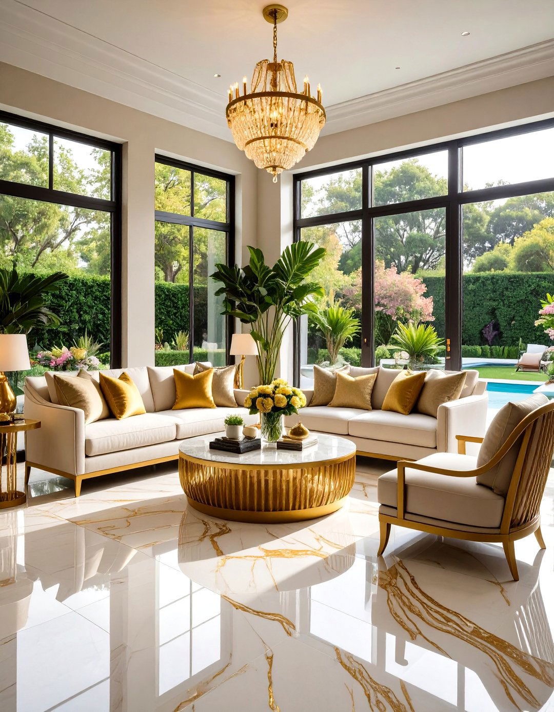 Sunroom Tile Floor with Golden Veined Marble Drama - 20 Sunroom Tile Floor Ideas