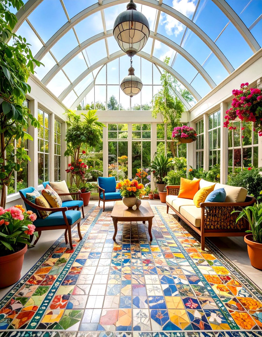 Sunroom Tile Floor with Mixed Material Mosaic Artistry - 20 Sunroom Tile Floor Ideas