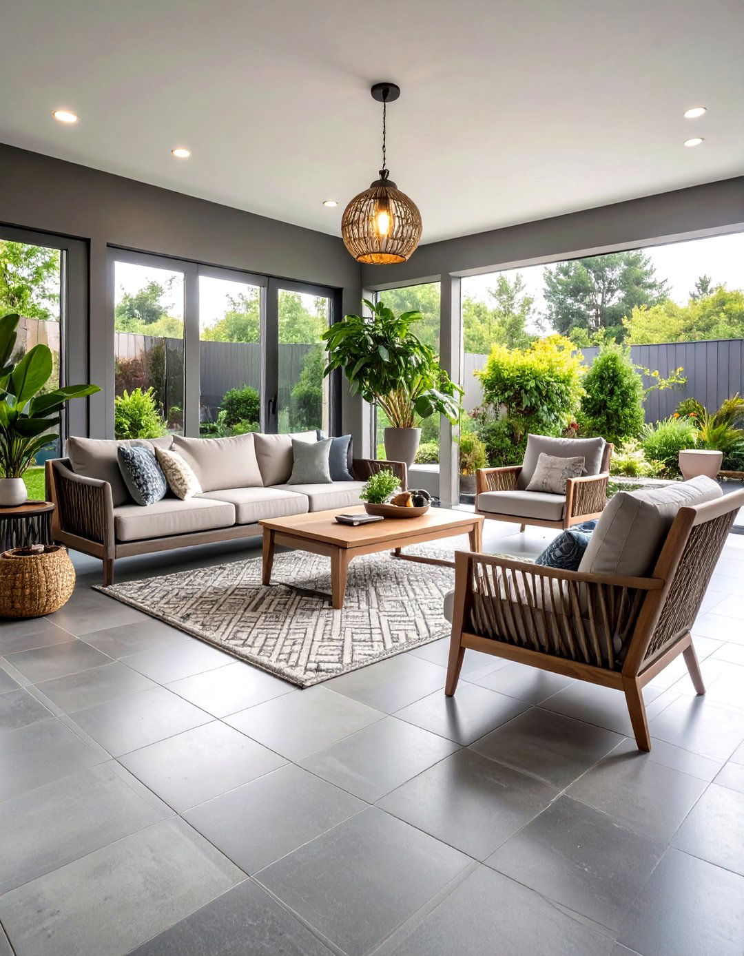 Sunroom Tile Floor with Monochromatic Gray Sophistication - 20 Sunroom Tile Floor Ideas