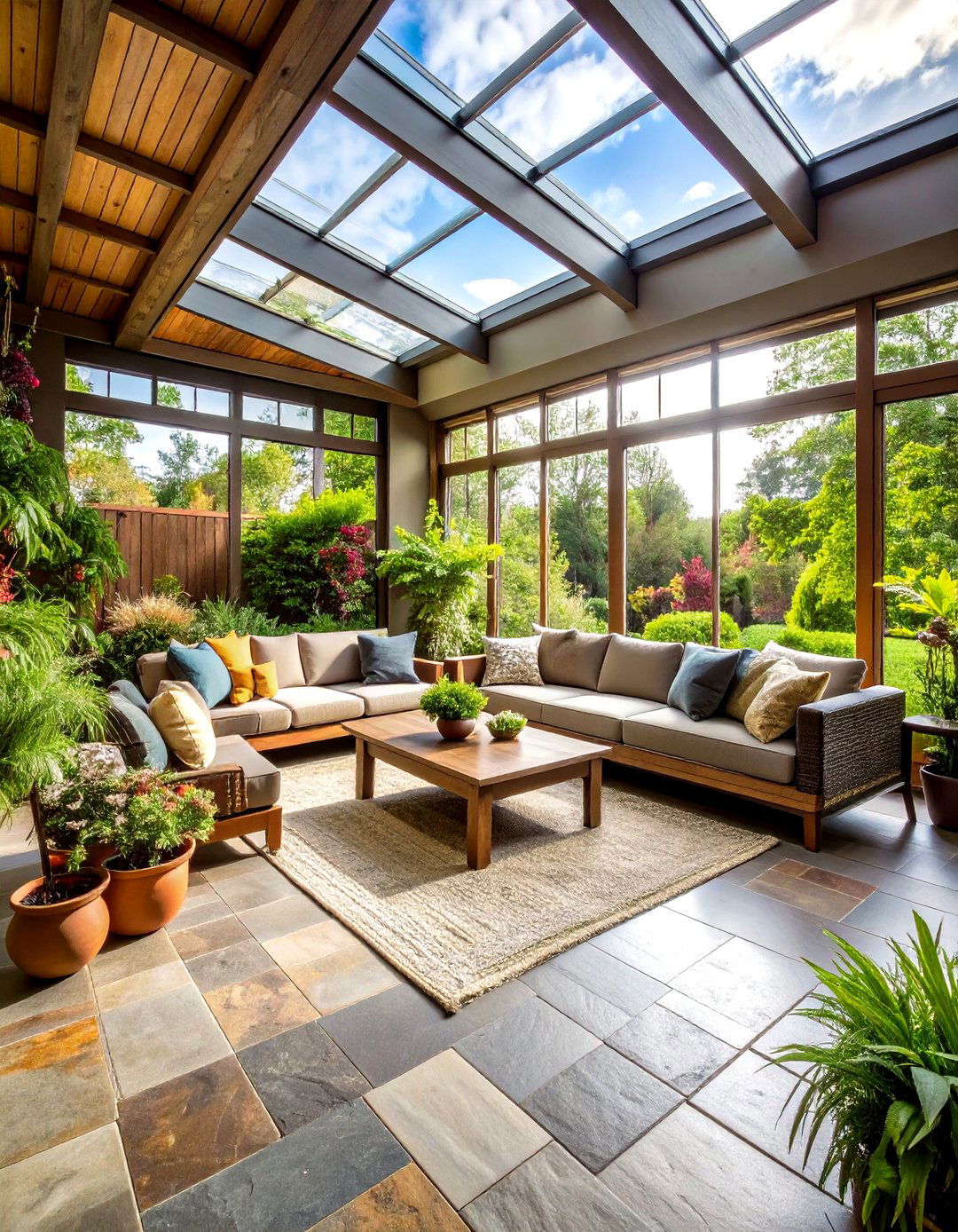 Sunroom Tile Floor with Textured Natural Stone Character - 20 Sunroom Tile Floor Ideas