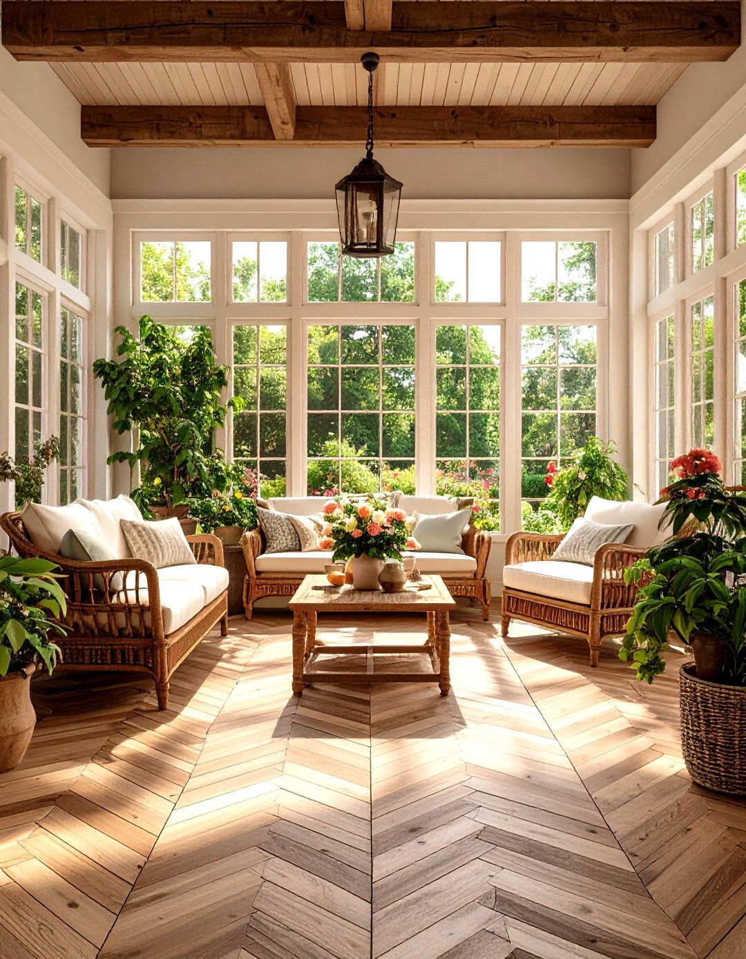 Sunroom Tile Floor with Wood Look Herringbone Elegance - 20 Sunroom Tile Floor Ideas