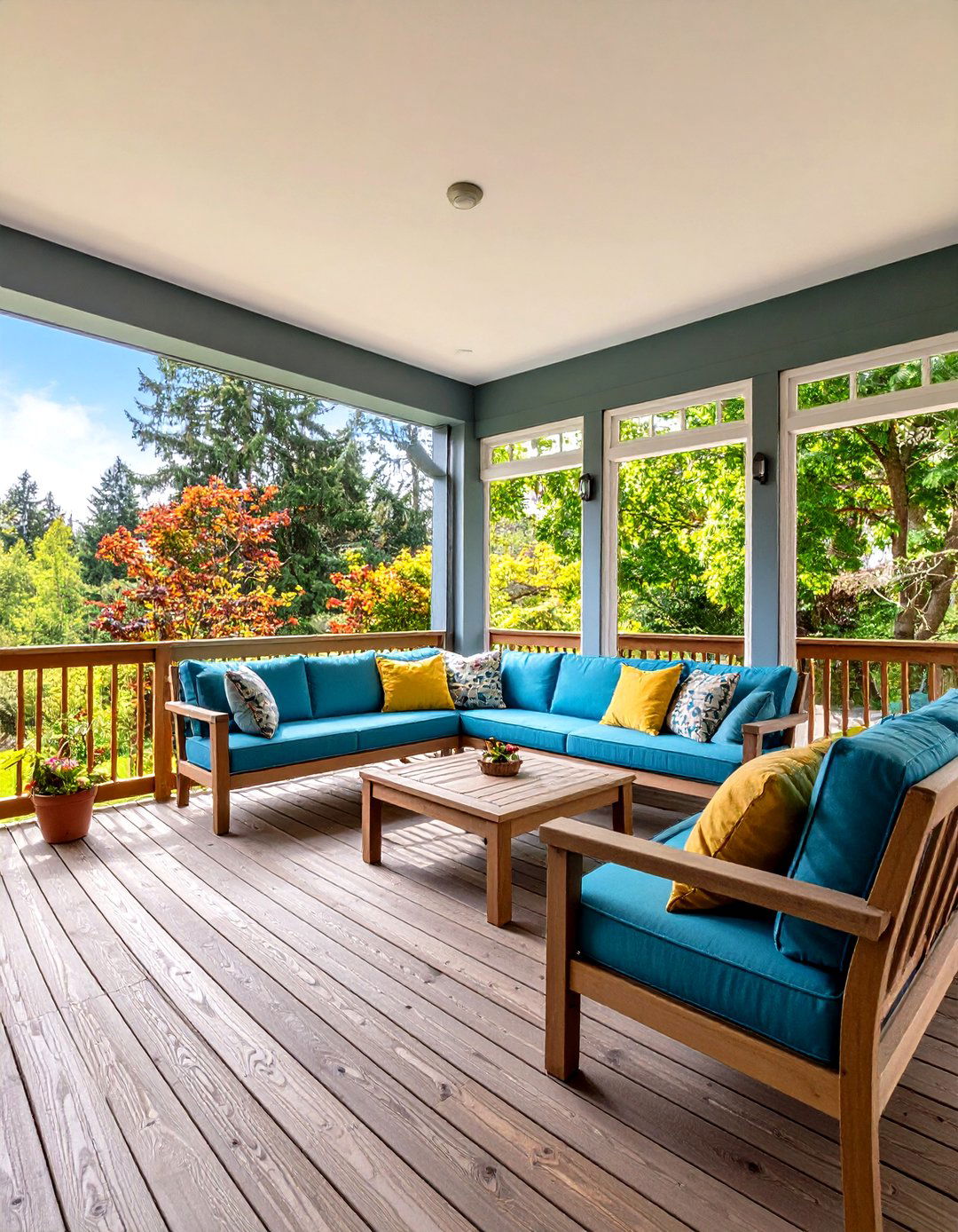 Sunroom with Built In Bench Leading to Step Down Deck - 20 Sunroom and Deck Combo Ideas