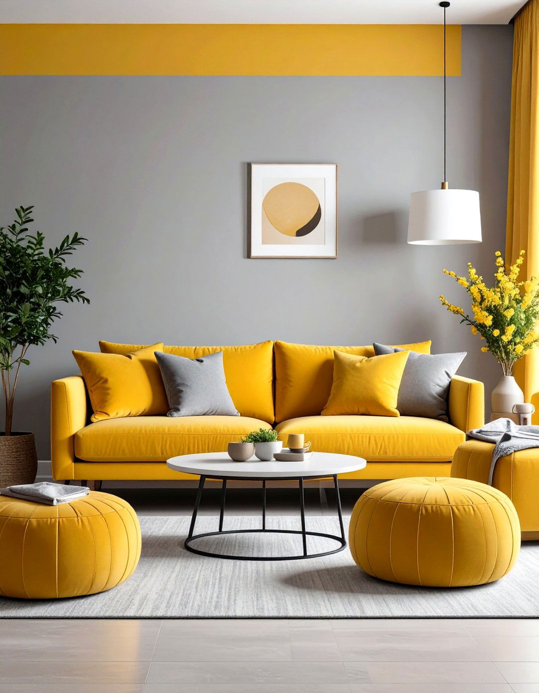 Sunshine Kissed Accent Wall Brightens a Grey and Yellow Living Room - 20 Grey and Yellow Living Room Ideas