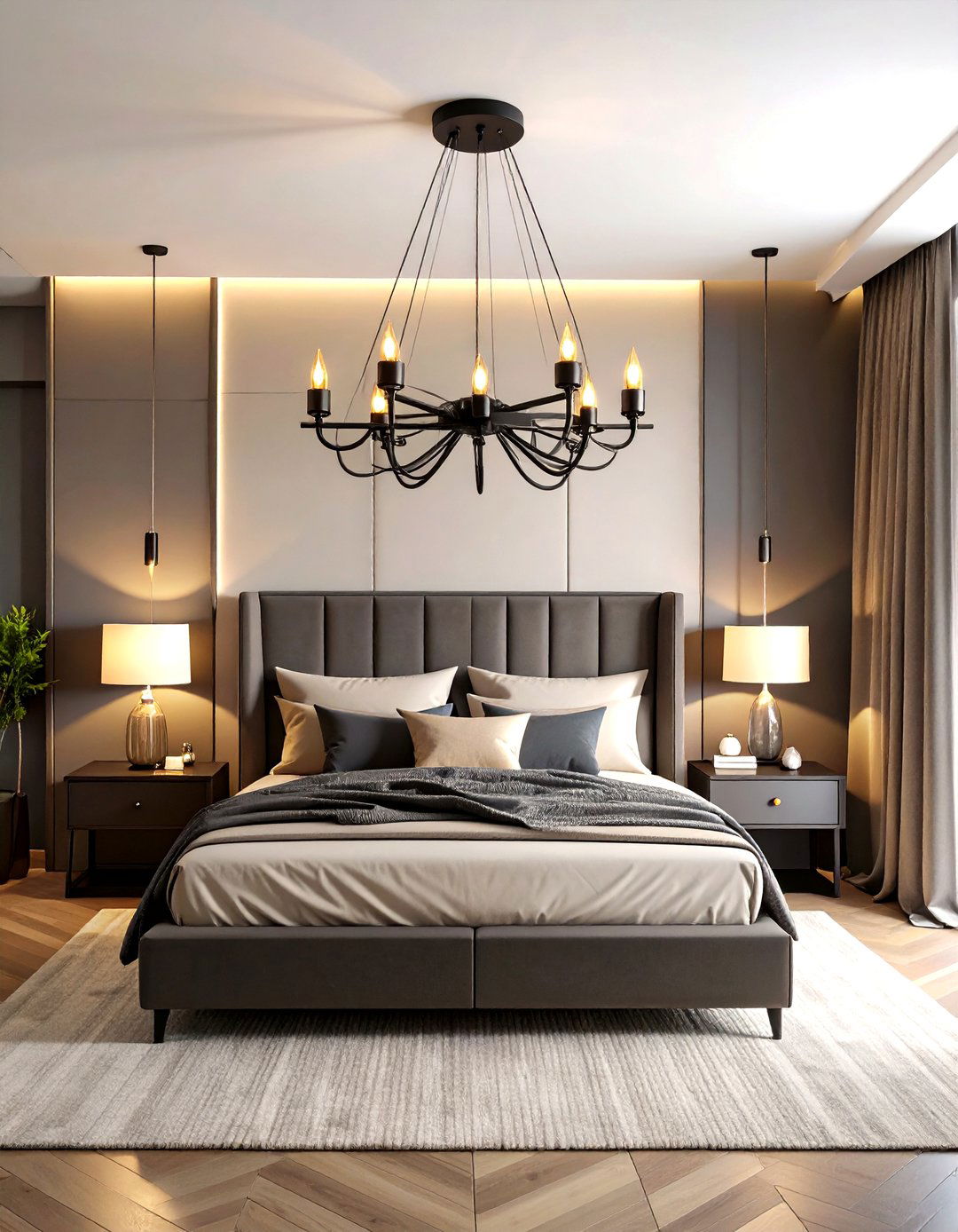 Suspend a Sculptural Matte Black Chandelier - 20 Cream and Black Bedroom Ideas