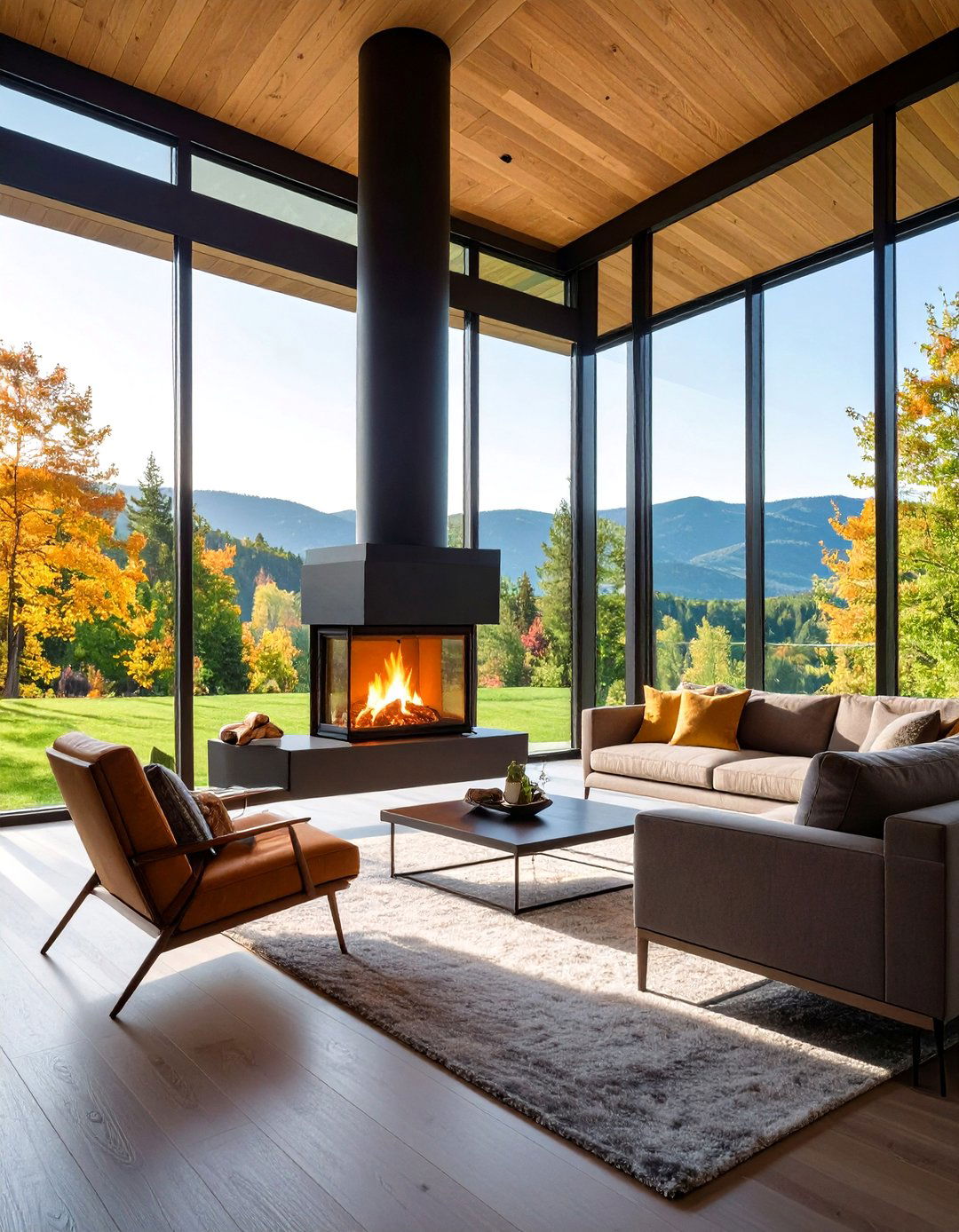Suspended Fireplace with Panoramic Windows - 20 Fireplace Between Windows Ideas