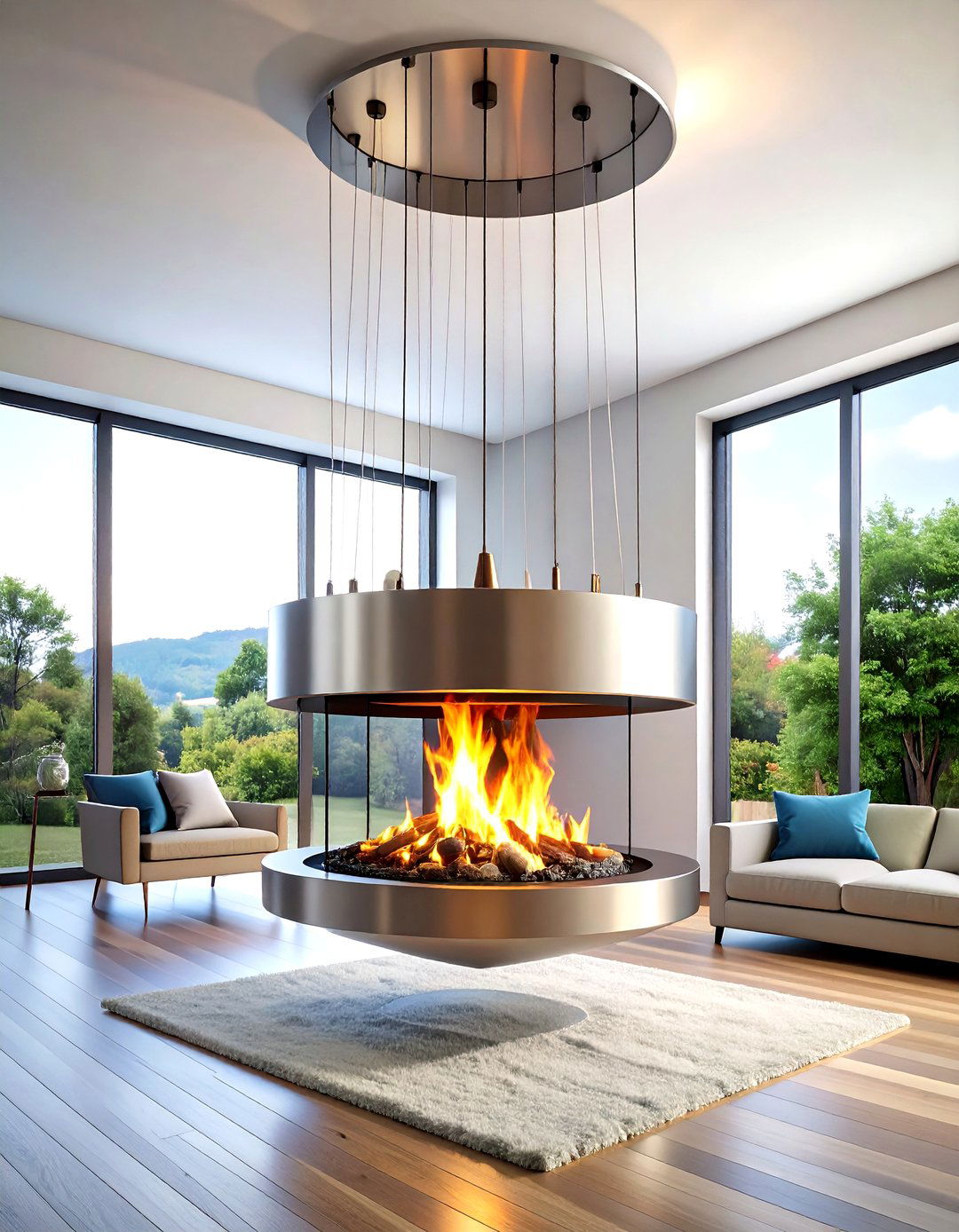 Suspended Modern Fireplace with Ceiling Hung Design - 20 Modern Fireplace Ideas