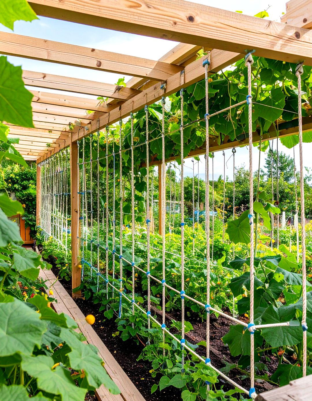 Suspended Rope Trellis for Cucumbers - 20 Garden Trellis Ideas