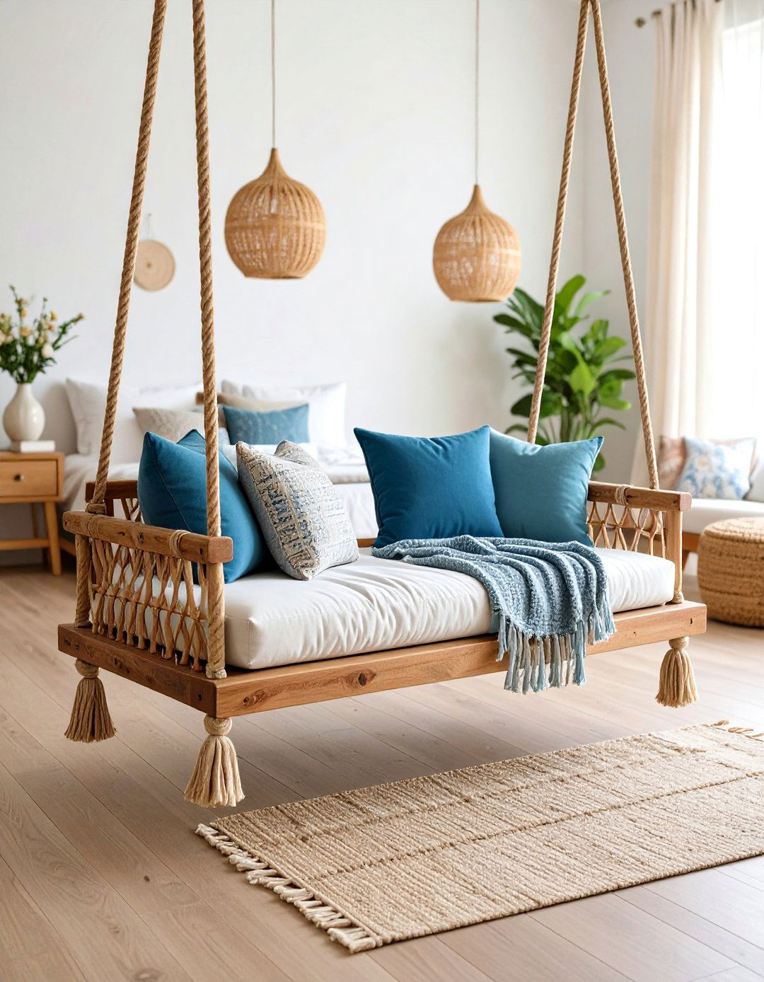Suspended Swing Style Bedroom Bench - 20 Bedroom Bench Ideas