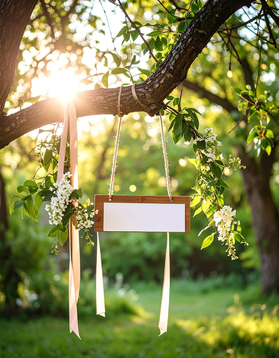 Suspended Tree Branch Wedding Welcome Sign with Flowing Ribbons - 20 Wedding Welcome Sign Ideas