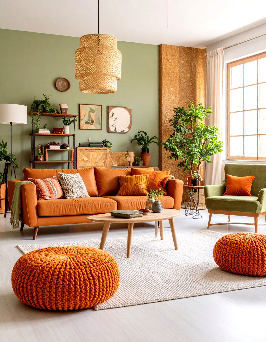 Sustainable Green and Orange Living Room with Reclaimed Materials - 20 Green and Orange Living Room Ideas
