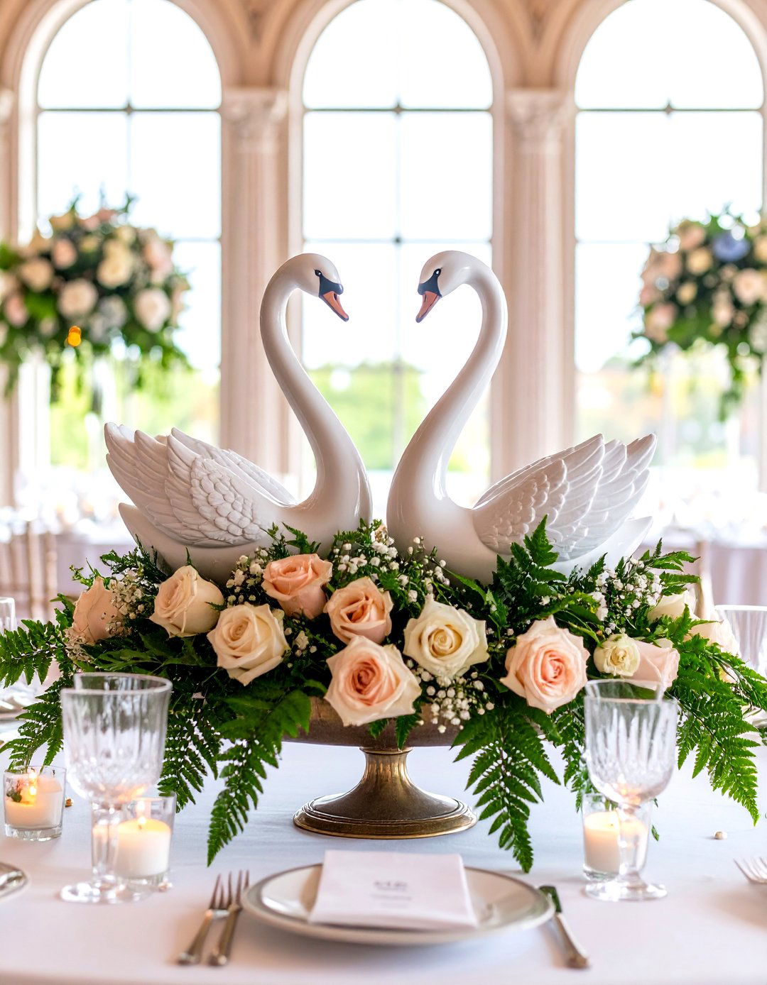 Swan Motif Wedding Centerpiece with Vintage Romance - 20 Wedding Centerpiece Ideas