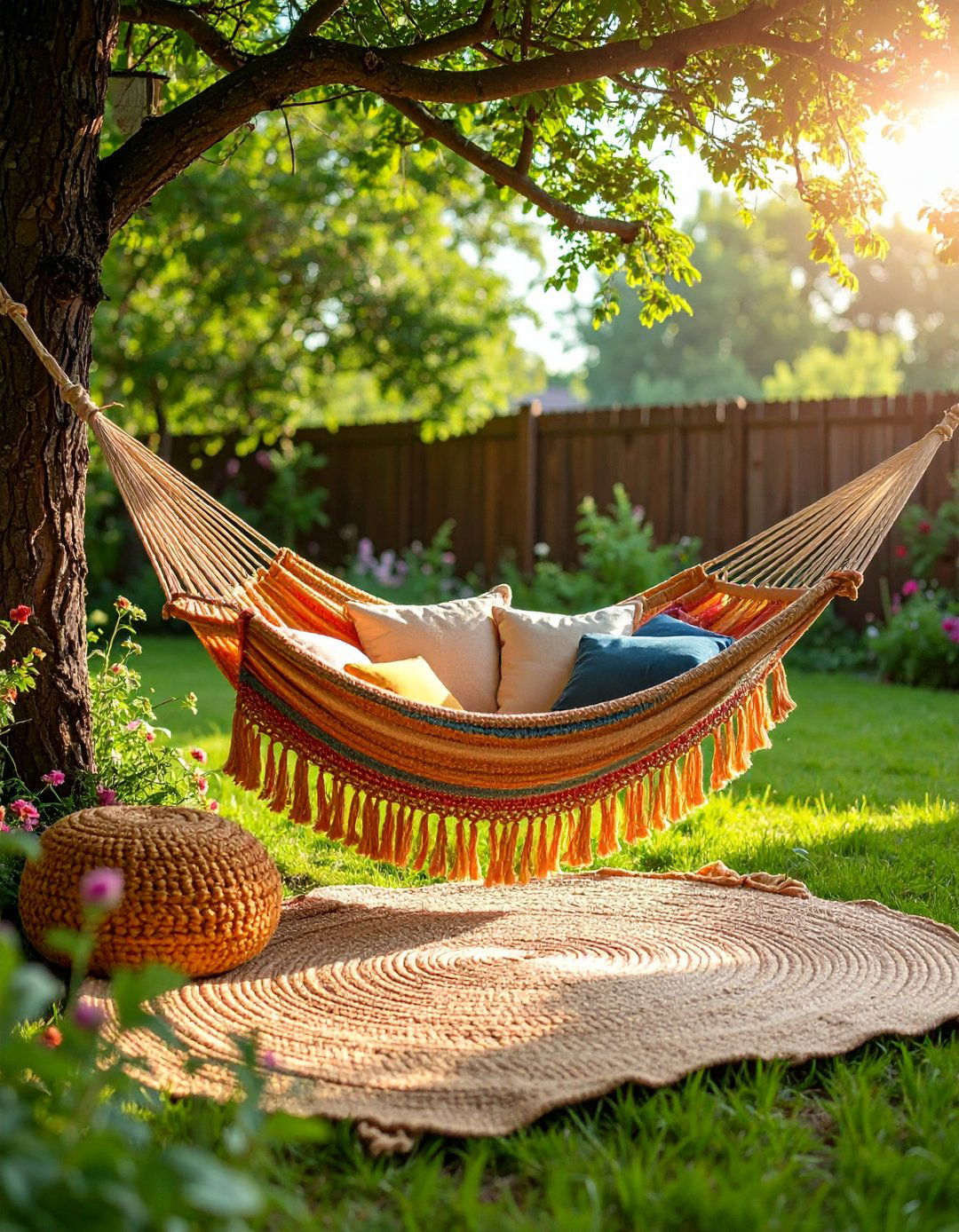 Swing in a Patterned Hammock - 20 Boho Garden Ideas