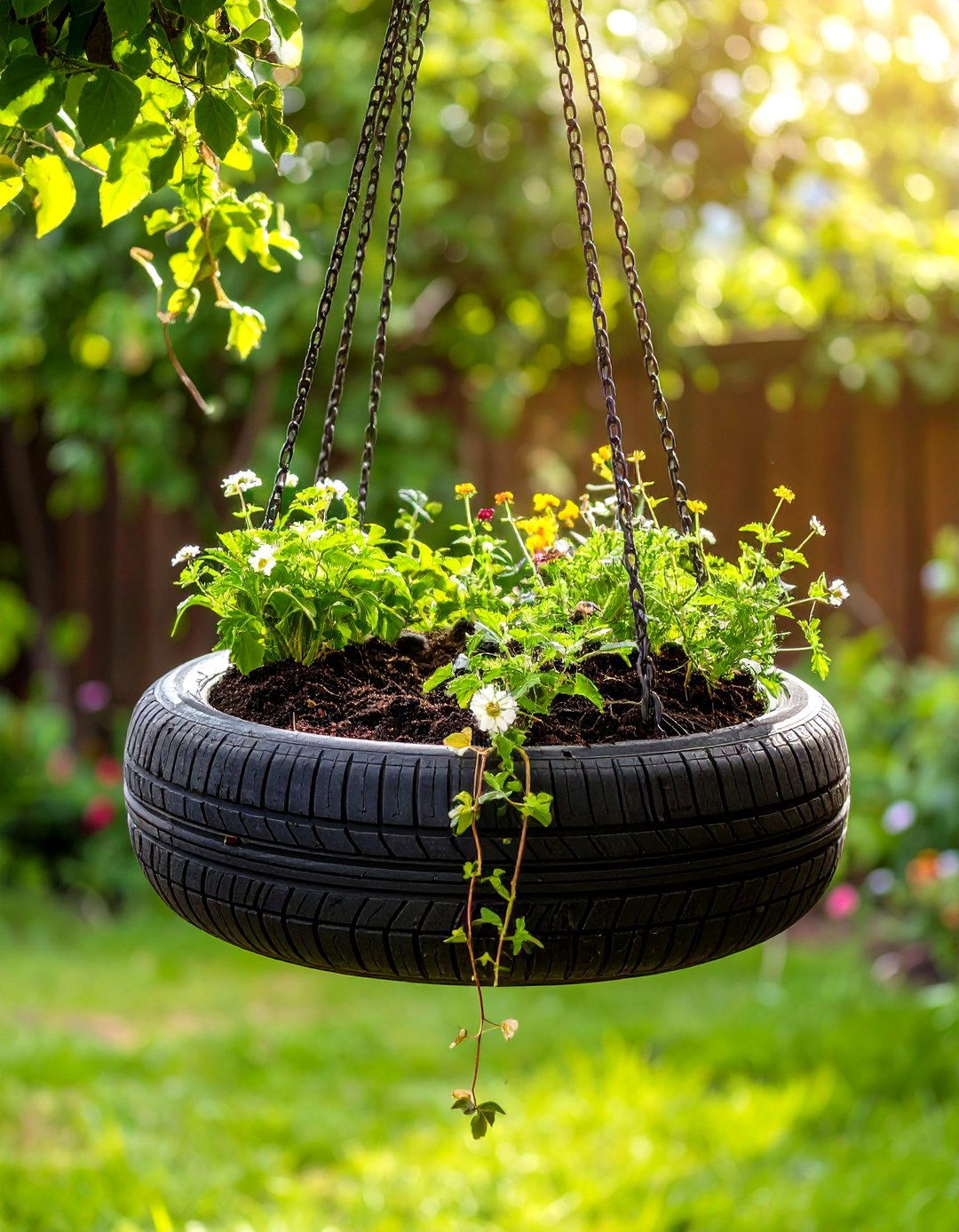 Swinging Planter Tire - 20 Tire Swing Ideas