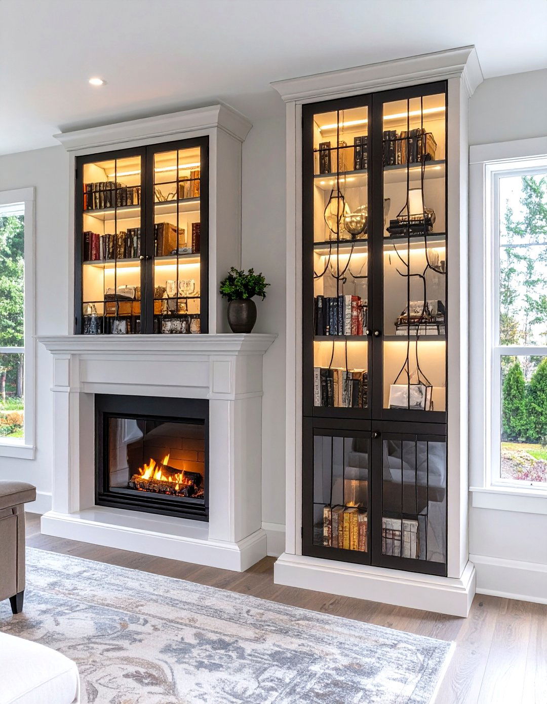 Symmetrical Bookcases with Leaded Glass Doors - 20 Craftsman-style Fireplace Ideas