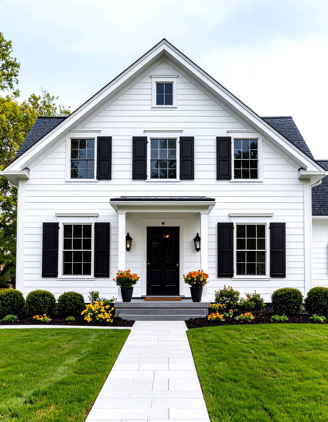 Symmetrical Facade White Farmhouse With Black Windows Arrangement - 20 White Farmhouse With Black Windows Ideas