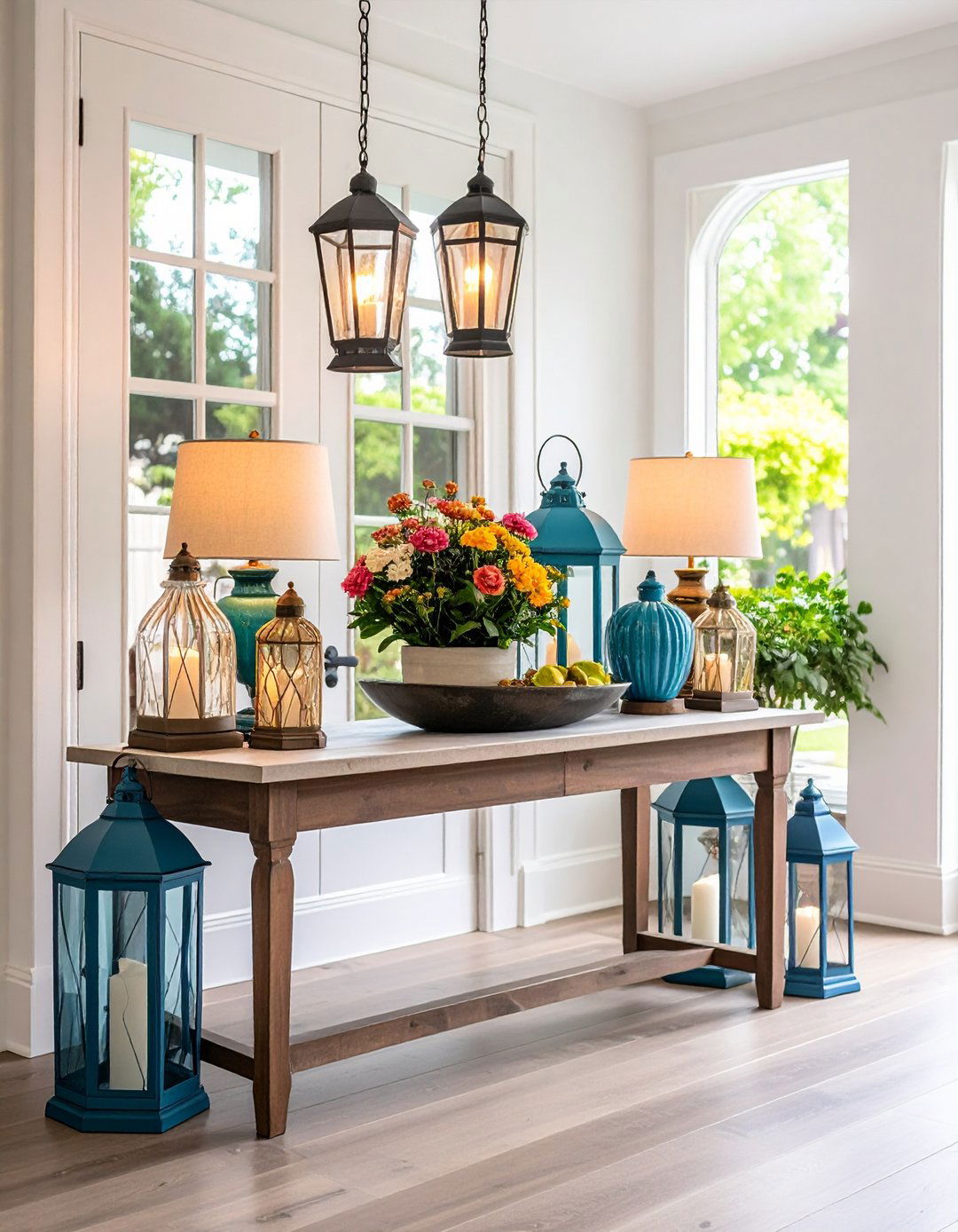 Symmetrical Lantern Entry Table Balance - 20 Entry Table Decor Ideas