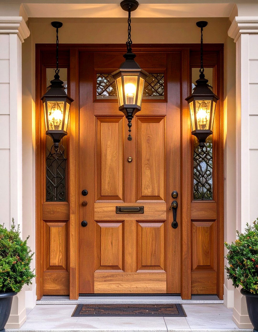 Symmetrical Lantern Lighting Highlights Front Door Decor - 20 Front Door Decor Ideas