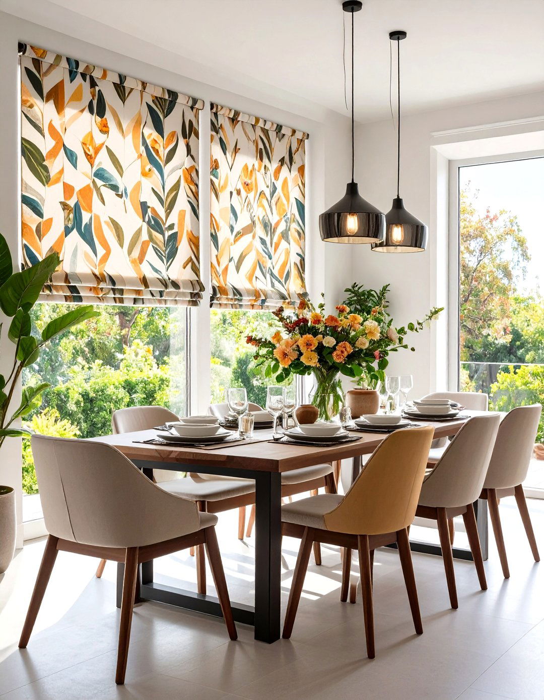 Tailored Roman Window Shades with Graphic Prints - 20 Dining Room Window Treatments
